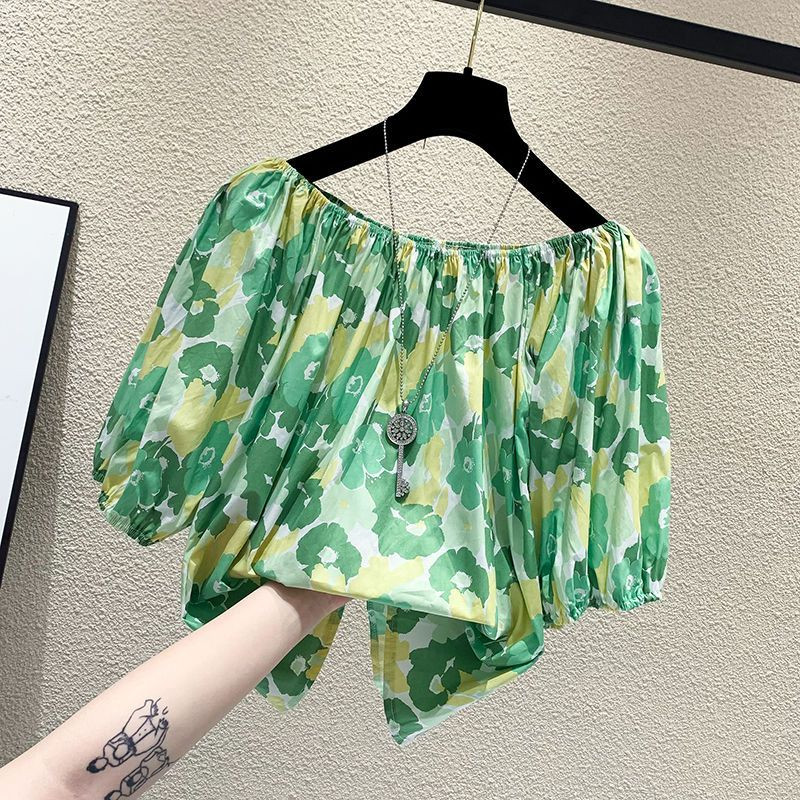 韩版别致碎花一字领短袖衬衫女夏季时尚法式百搭宽松显瘦T恤上衣