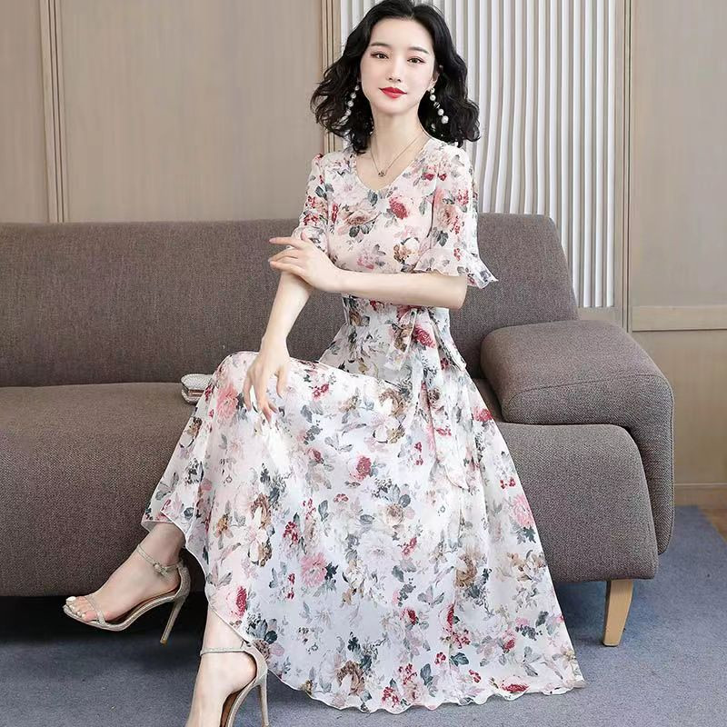 时尚短袖连衣裙女新款夏季收腰显瘦修身气质长款碎花大码a字长裙