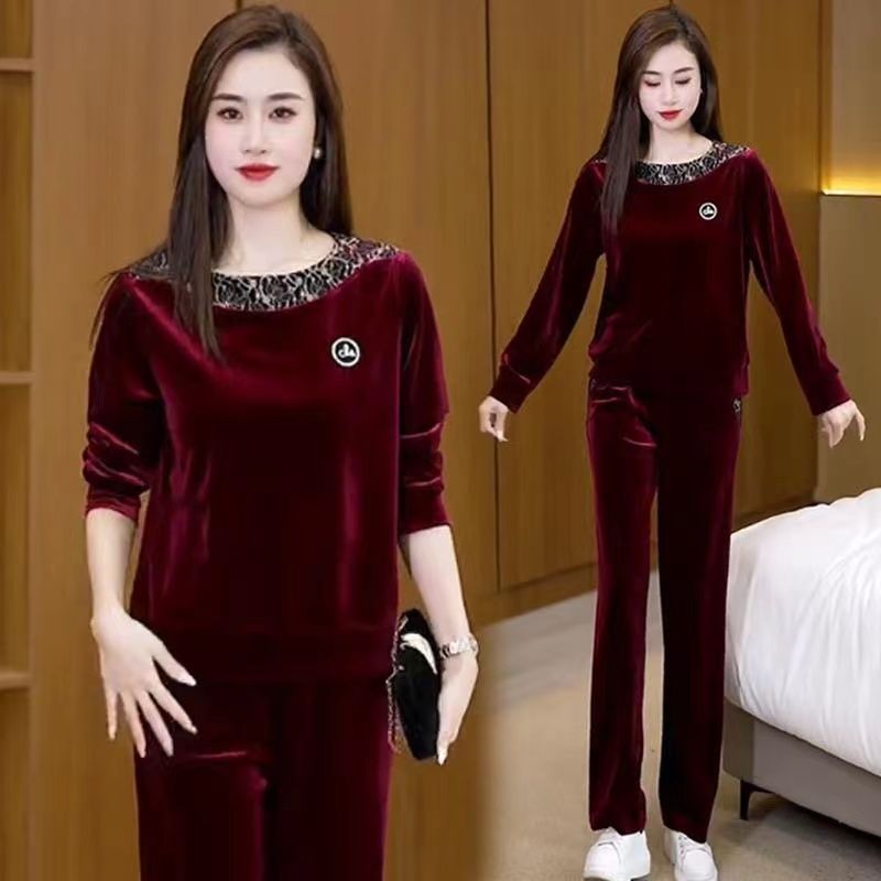 秋季妈妈时尚金丝绒刺绣套装女洋气显瘦圆领套头休闲直筒裤两件套