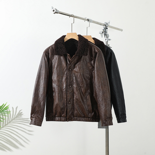 时尚 秋冬男士 翻领复古水洗羊羔绒机车皮衣潮 加绒加厚 皮毛一体