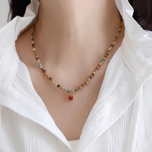 复古天然石方糖珠吊坠项链小众叠戴天然石串珠锁骨链女
