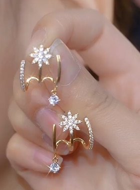 日韩网红同款微镶锆石八芒星耳排式耳钉s925银针气质时尚设计耳环