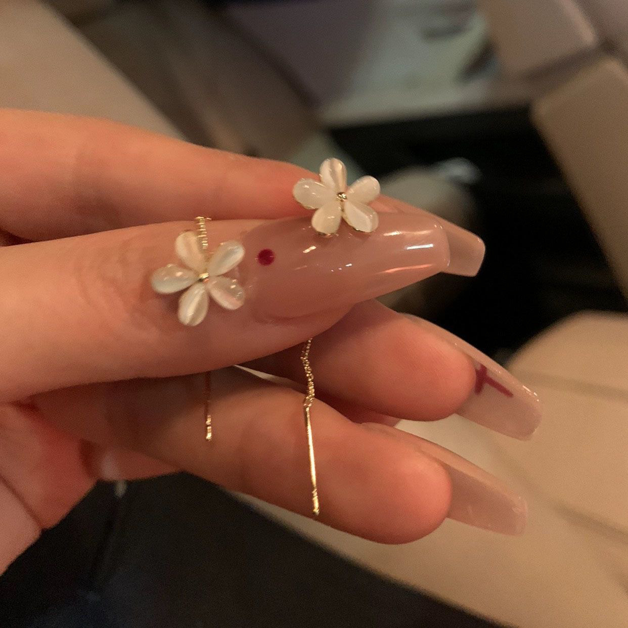 925纯银猫眼石流苏耳线女ins轻奢高级设计感花朵耳钉网红爆款耳饰