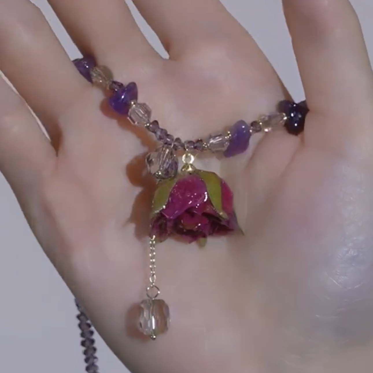 春款玫紫色真鲜花花朵项链复古项链紫水晶真珍珠颈链清新锁骨链
