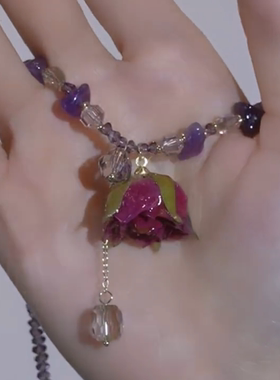春款玫紫色真鲜花花朵项链复古项链紫水晶真珍珠颈链清新锁骨链
