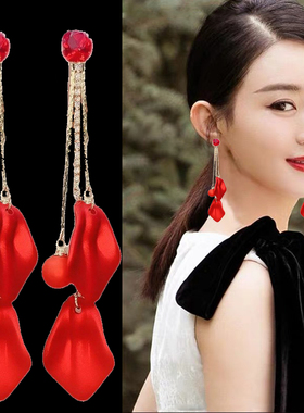 气质高级大气红色花朵耳环2023新款爆款韩国网红耳坠纯银防敏耳饰