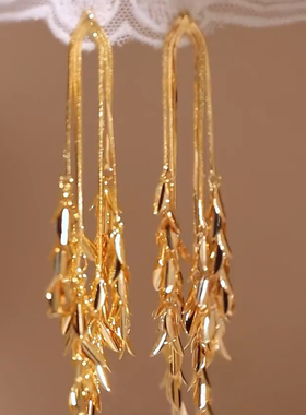 2025新款金色长款流苏麦穗耳环女轻奢高级耳钉独特夸张大气银耳饰