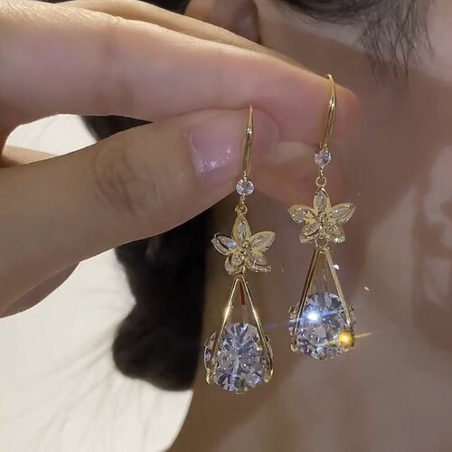 精致锆石花朵长款水滴气质耳环
