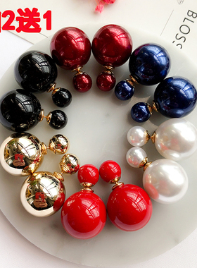 韩国高质量珍珠耳环女双面珍珠耳钉防过敏气质耳饰前后大小球百搭