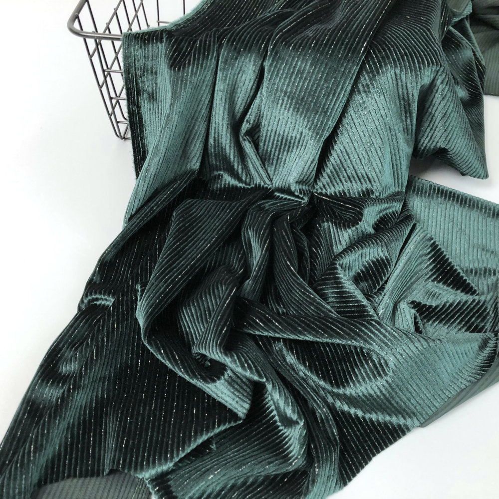 高档丝绒 亮线银丝 细条 弹力金丝绒 服装面料套装 阔腿裤布料