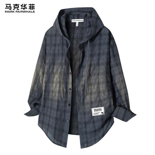 马克华菲连帽格子衬衫男春秋季