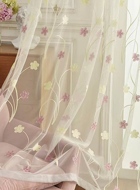 窗纱白色透光不透人飘窗窗帘轻奢现代简约客厅阳台刺绣纱帘防蚊帘