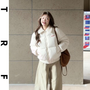 加厚翻领短款拼接毛领外套女2026新款学生宽松保暖面包服棉衣冬季