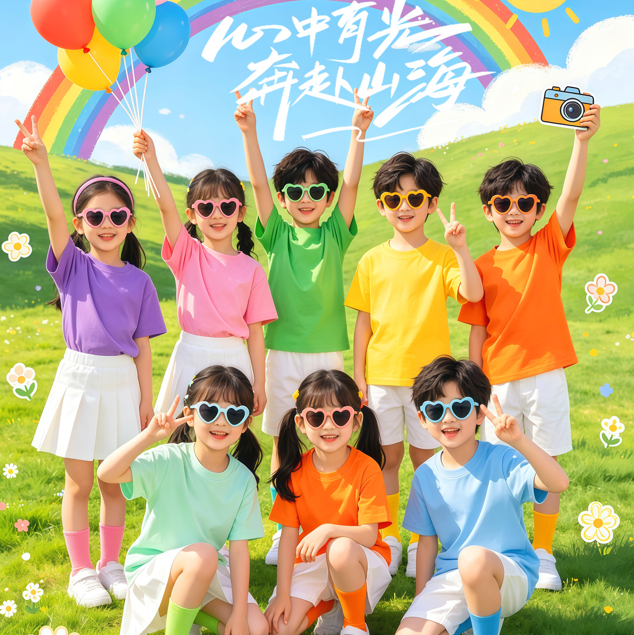 儿童亲子糖果彩色t恤套装运动会班服装幼儿园小学生多巴胺表演出