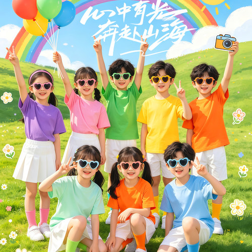 儿童亲子糖果彩色t恤套装运动会班服装幼儿园小学生多巴胺表演出