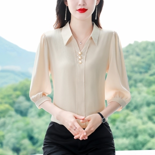通勤风翻领七分袖 女春夏新款 洋气宽松杏色上衣妈妈中袖 衬衣 衬衫