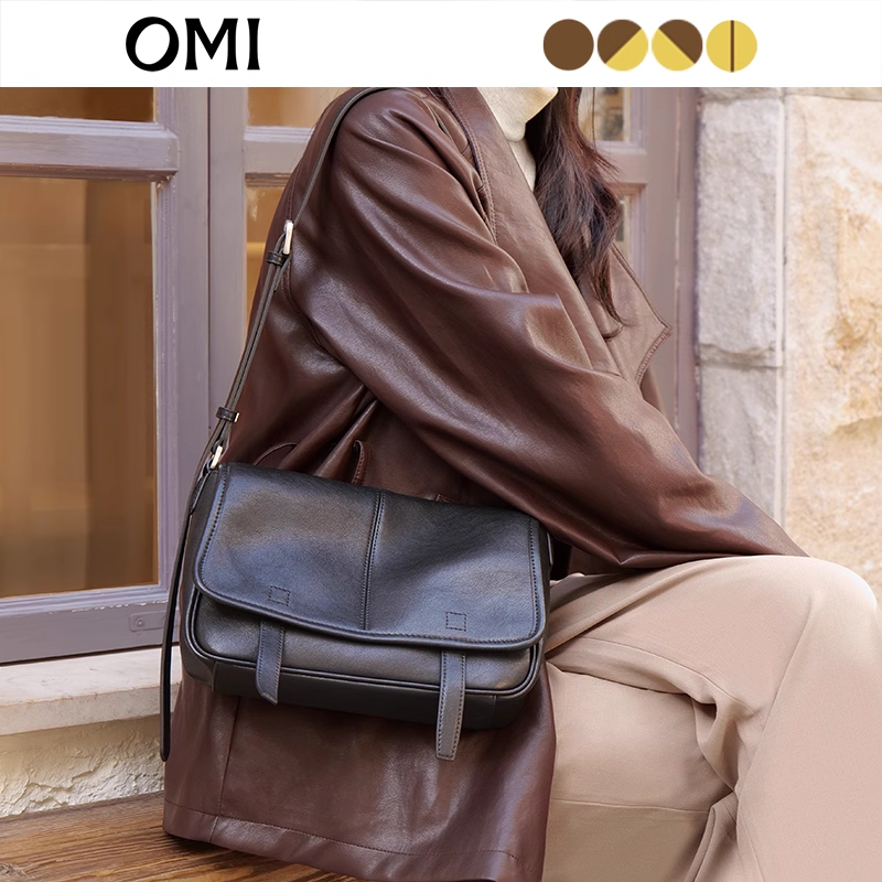 欧米omi牛皮女包2026新款复古大容量邮差包高级感真皮单肩斜挎包