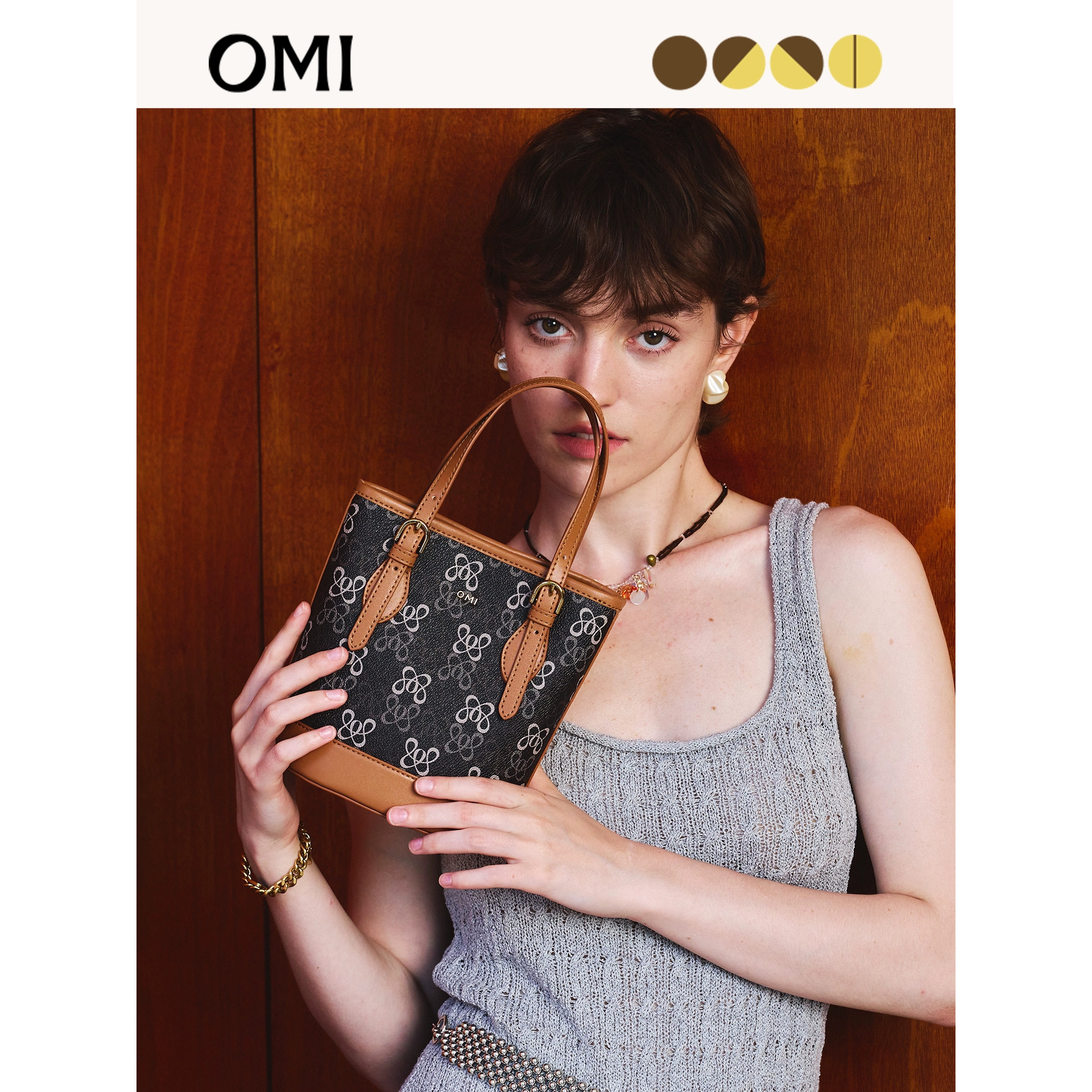 欧米OMI包包女2025新款满印花LOGO手提单肩包复古老花通勤水桶包