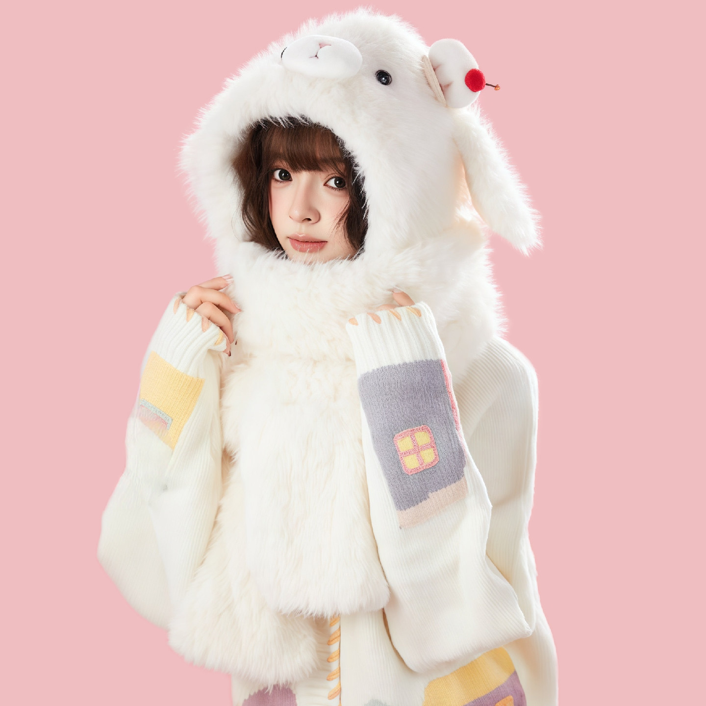 山羊驼羊羔绒冬季女生孩童围巾帽子手套一体三件套加厚保暖宝宝儿