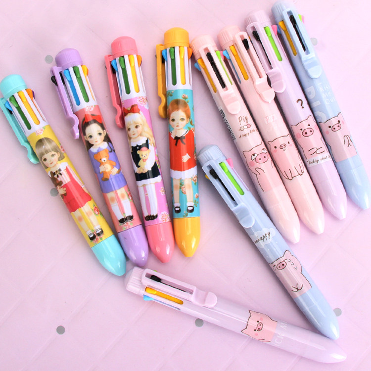 可爱创意小女孩卡通八色彩按动多色油笔原子晶0.38mm圆珠笔洋娃娃