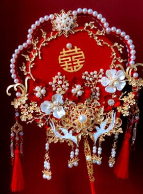 新娘结婚红金中式双面双圈团扇diy材料包龙凤秀禾服手捧出嫁喜扇