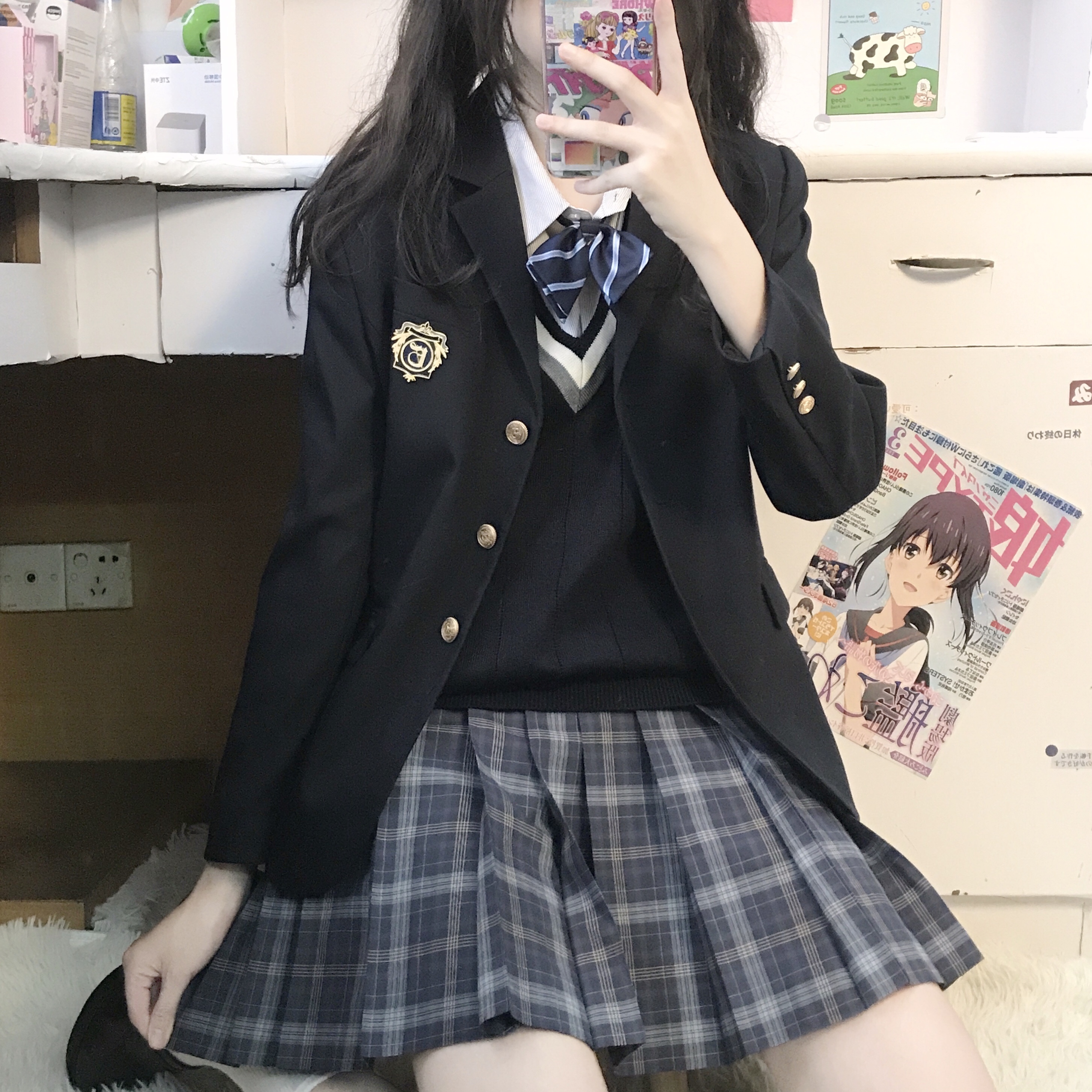 浮山月记原创jk制服百搭校供感正统日系深蓝小格百褶学院风半身裙