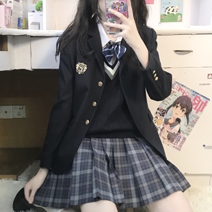 浮山月记原创jk制服百搭校供感正统日系深蓝小格百褶学院风半身裙