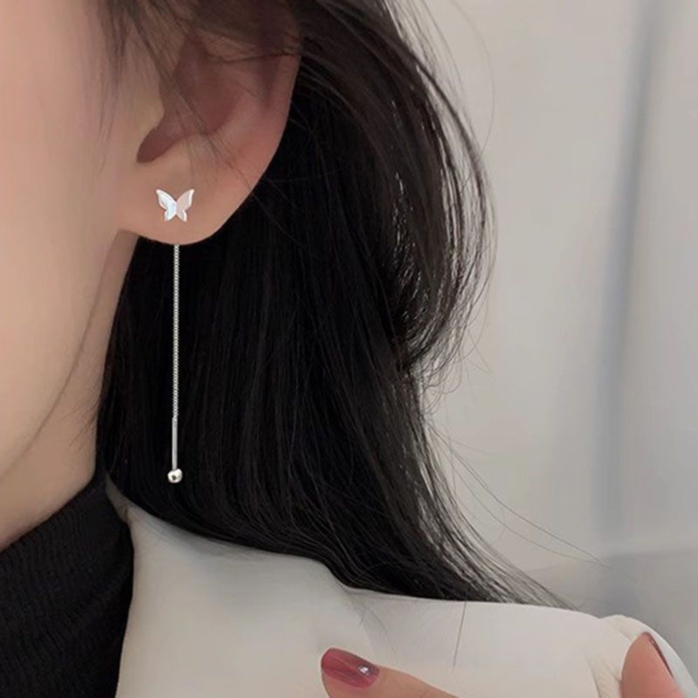 甜美小蝴蝶螺丝拧耳线女轻奢长款流苏耳环女超仙圆脸显瘦耳饰耳链