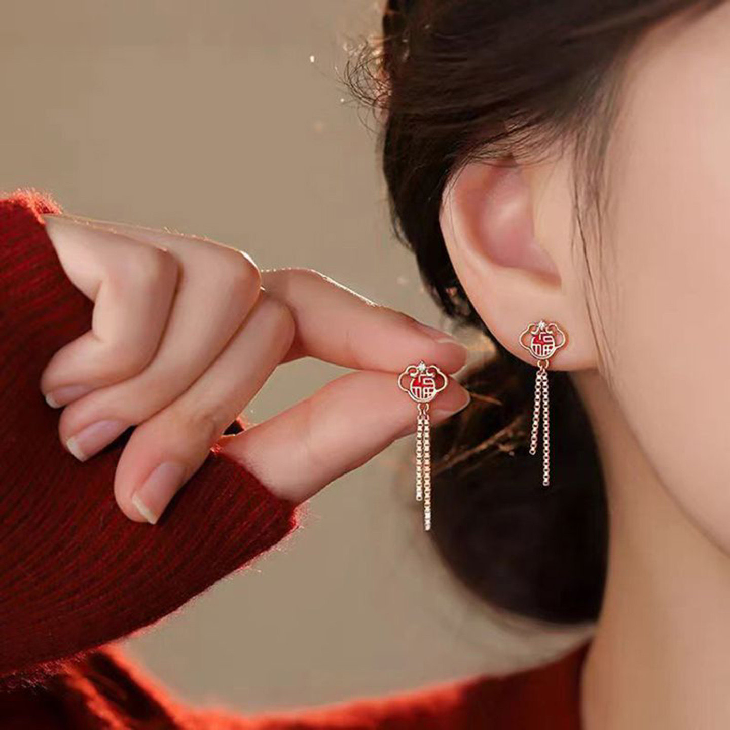 红色福字流苏耳钉女2026新款爆款中式长款链条耳坠气质高级感耳饰