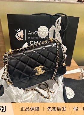 Chanel香奈儿24C女包22bag双金珠金球黑色牛皮大mini cf单肩斜挎