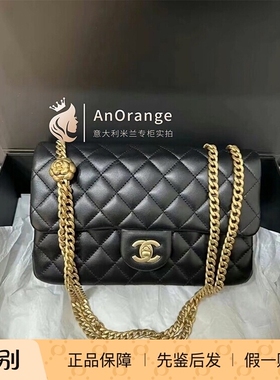 Chanel香奈儿23S女包CF小号黑色羊皮山茶花调节扣链条单肩斜挎包