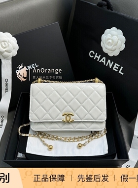 现货Chanel香奈儿女包woc白色小牛皮双金珠金球发财包单肩斜挎包