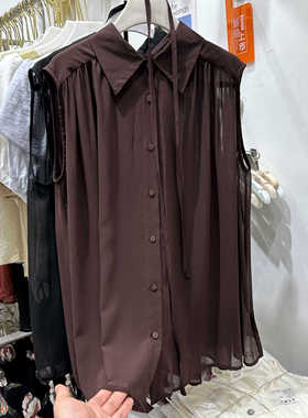 咖啡色无袖飘带薄款衬衫背心女2024夏季小个子设计感别致绝美衬衣