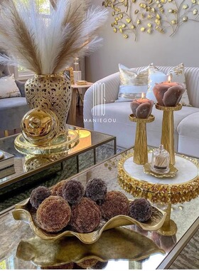 轻奢电镀大理石金色托盘烛台家居客厅蛋糕餐盘子摆件装饰品工艺品