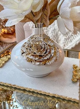 现代创意天然大理石托盘金色陶瓷花瓶摆件工艺家居客厅餐桌蛋糕盘