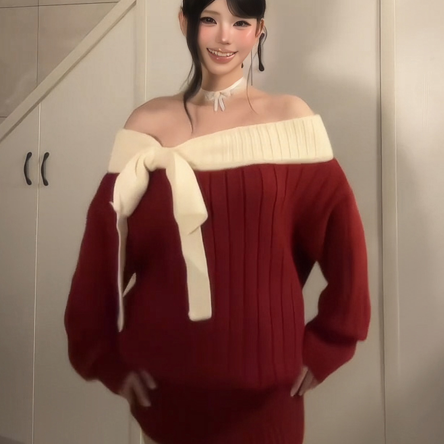 圣诞穿搭红色毛衣连衣裙女秋冬季蝴蝶结针织衫宽松气质一字肩上衣