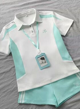 学院风百搭薄荷绿体操服女刺绣Polo衫短袖运动休闲套装新款夏季