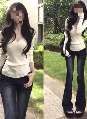 美式复古风修身辣妹气质v领白色长袖针织衫女别致氛围感上衣秋季