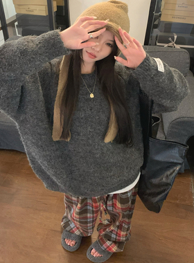 复古气质深灰色软糯圆领毛衣女秋冬季宽松休闲显瘦百搭针织衫上衣