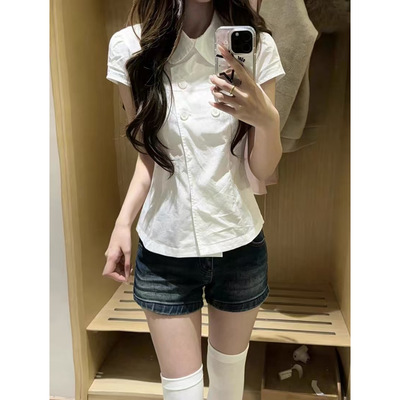 韩系甜美气质白色娃娃领衬衫短袖女2026新款设计收腰显瘦上衣夏季