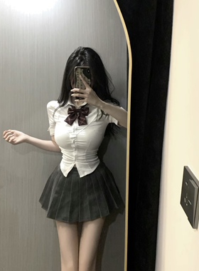 纯欲风jk制服收腰衬衫女上衣修身显瘦白色短袖衬衣辣妹裙套装夏季