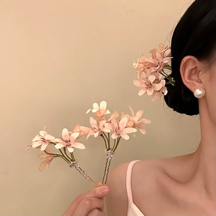 山沐手作「春和花序」温柔甜美粉色花朵u型发簪女氛围感头花发饰