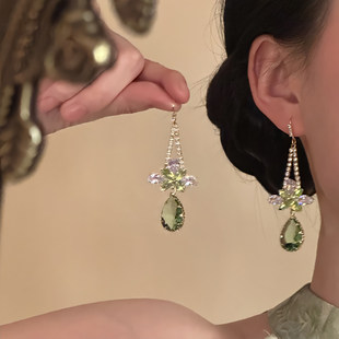 山沐手作「春山绿」复古绿色锆石水滴流苏耳环高级感轻奢气质耳饰