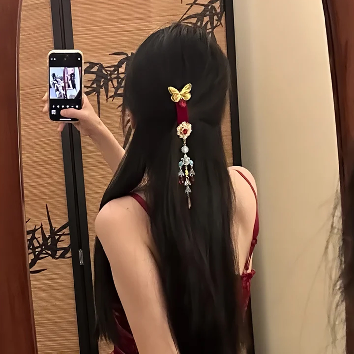 山沐手作「旎蝶华佩」新中式国风蝴蝶流苏发夹女古风红色边夹发饰