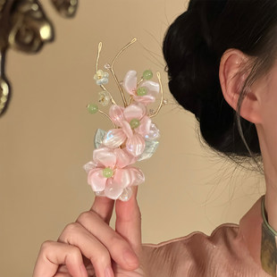 山沐手作「春棠花庭」新中式古风粉色花朵发夹女超仙汉服头饰发饰