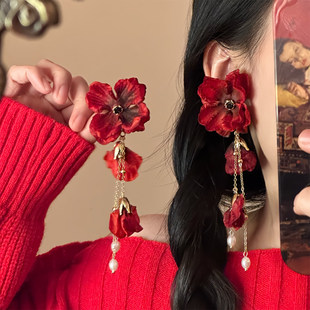 山沐手作「浪漫花媚」复古红色花朵流苏耳环女耳钉高级感夸张耳饰
