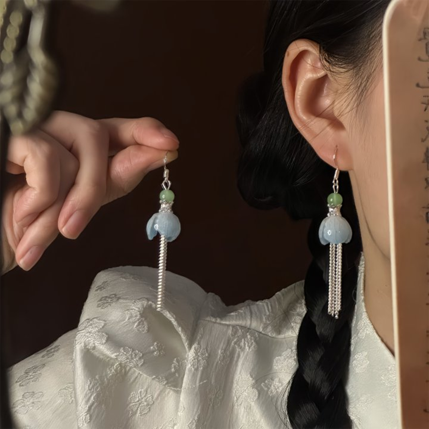 山沐手作「银绦花靛」新中式花朵流苏耳环女精致耳钉古风汉服耳饰