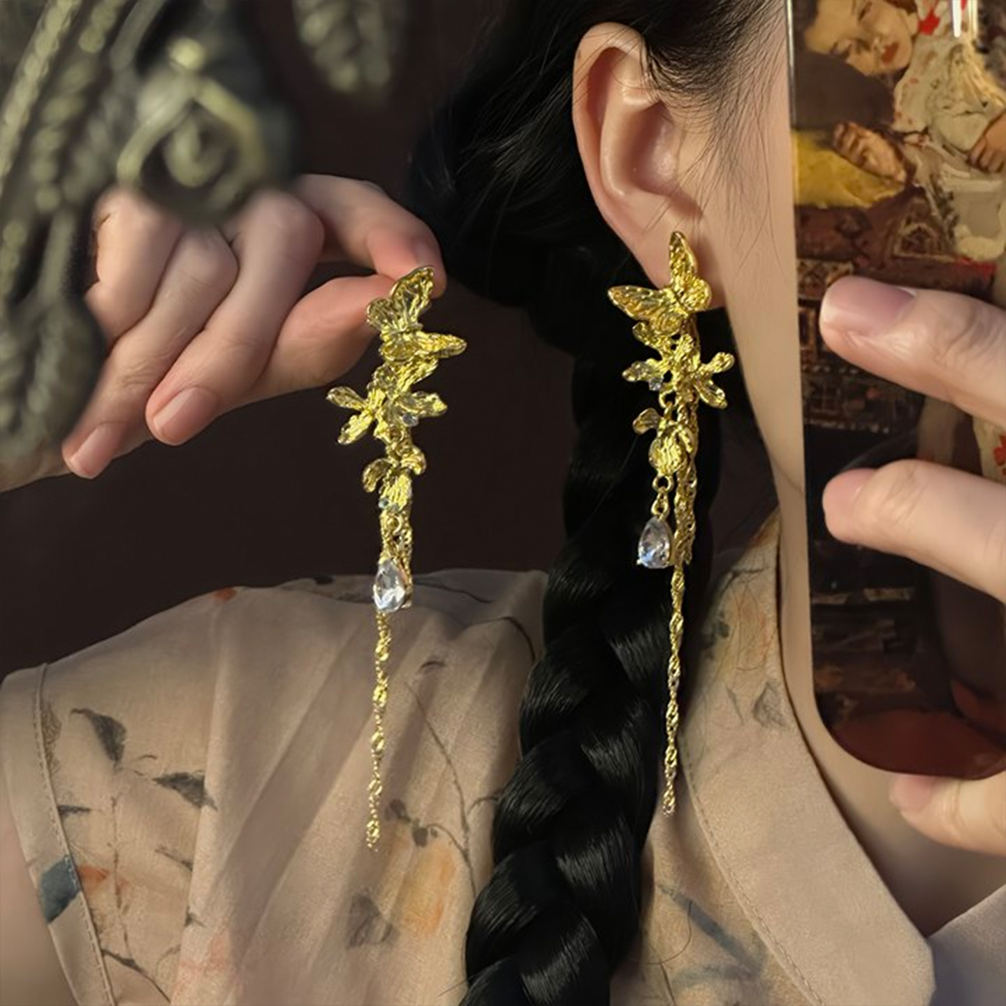 月蝶鎏金~轻奢高级感金色蝴蝶耳环女气质设计感长款流苏耳坠耳饰