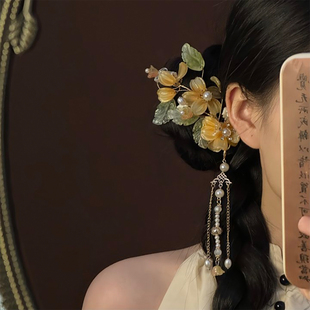 山沐手作「花秋宣露」新中式古风花朵发夹女绝美流苏头饰边夹发饰