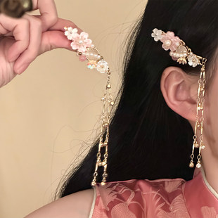 山沐手作「花上枝头」古风粉色花朵流苏发夹边夹侧边新中式发饰女